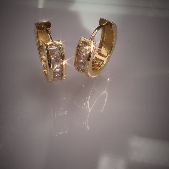 Gold Plated Hoop Earrings With Square CZ Stones - Picture 2 of 4